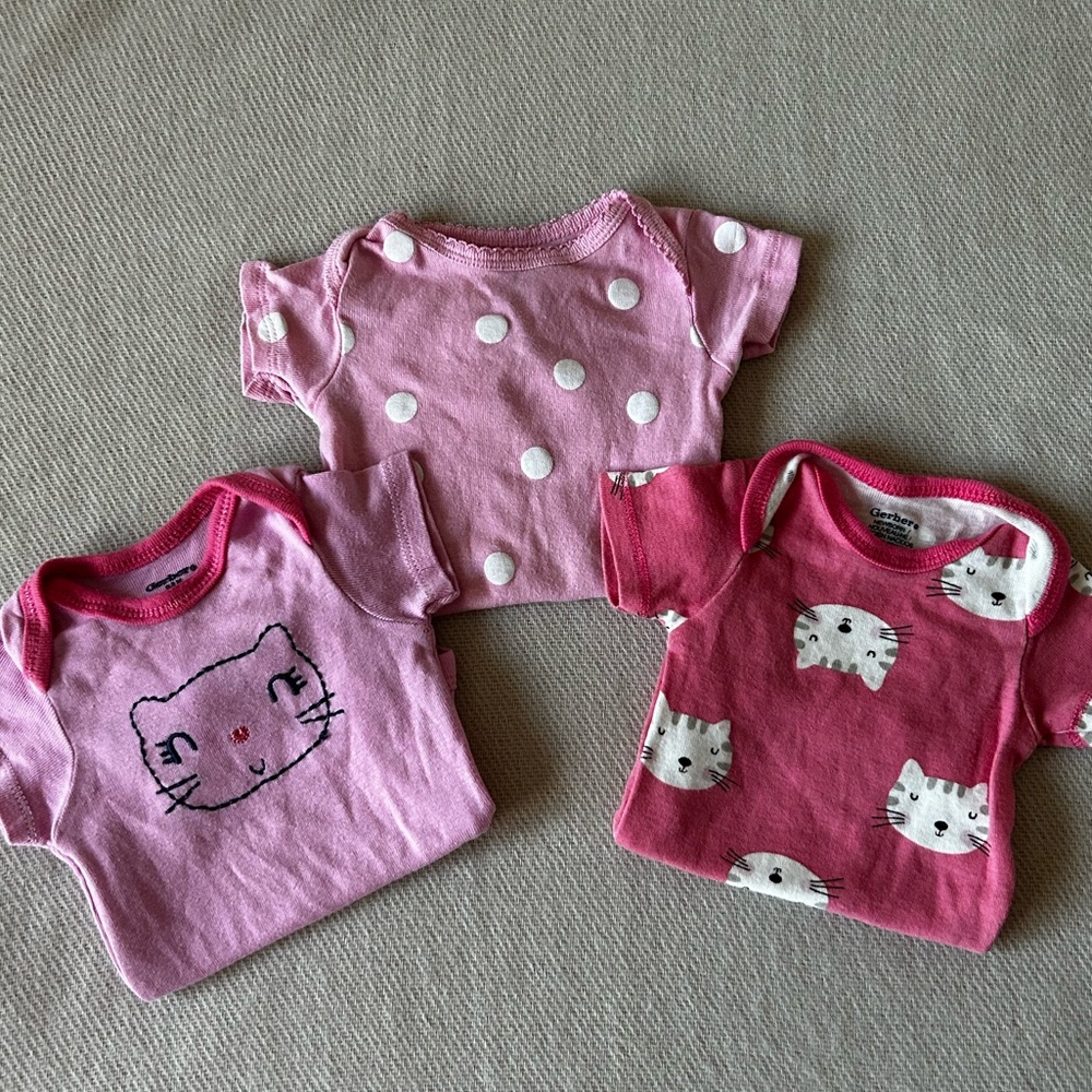 Gerber Pink Baby Onesie & Cat Onesie | Newborn Girl | Bundle